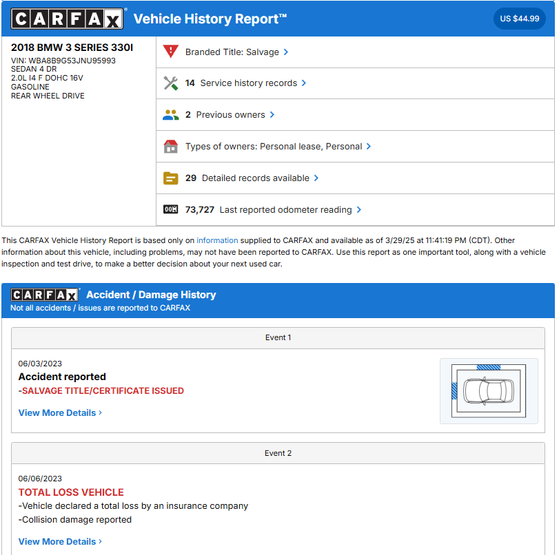 CARFAX Vehicle History Report sample showing a 2018 BMW 3 Series with salvage title and accident history